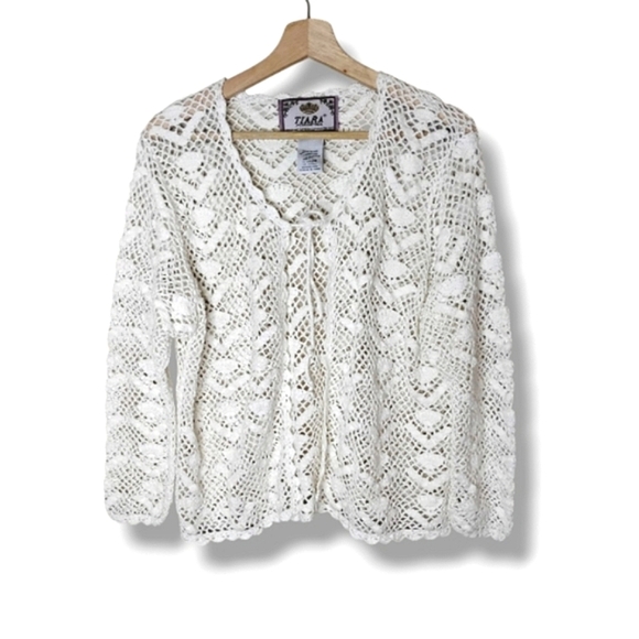 Tiara International Crochet Cardigan M White Vintage Open Front Sweater - Picture 1 of 8